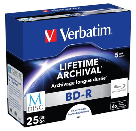 VERBATIM M-DISC BD-R Blu-Ray SL 25GB/ 4x/ Inkjet printable/ jewel/ 5pack