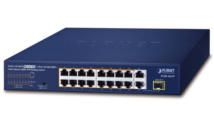 Planet FGSD-1821P PoE switch, 16x100M + 1xGb/SFP, extend mód 10Mb-250m, PoE 802.3at 185W