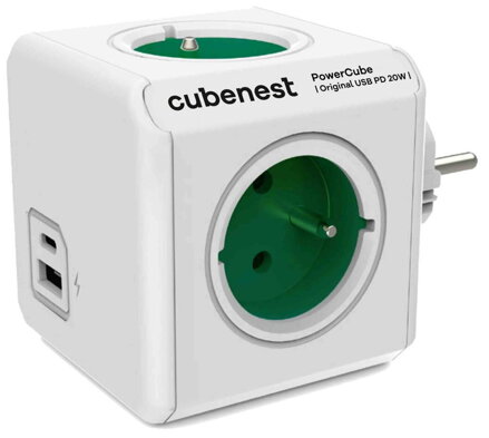 Cubenest Powercube Original USB PD 20W, A+C, 4× zásuvka, bílá/zelená, dětská pojistka, uzemnění, max. 16A/250V~3680W