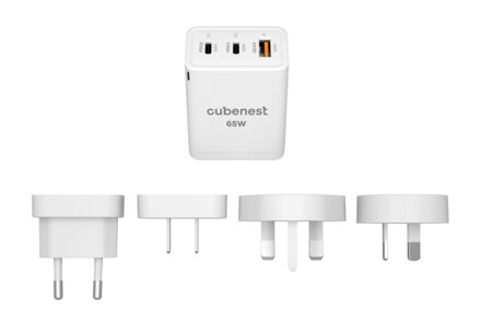 Cubenest Cestovní PD GaN Adaptér 65W S3D1 - (2× USB-C až 65 W, 1× USB-A až 60 W),  přepěťová a podpěťová ochrana