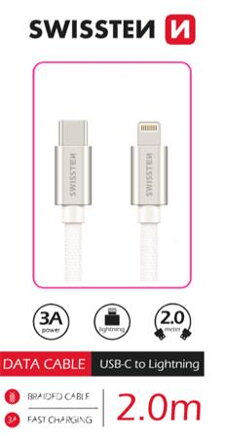 SWISSTEN DATOVÝ KABEL TEXTILE USB-C / LIGHTNING 2,0 M STŘÍBRNÝ