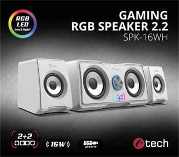 C-TECH reproduktory SPK-16, 2.2, 16W,  RGB podsvícení, 3,5mm jack, USB napájení, bílé