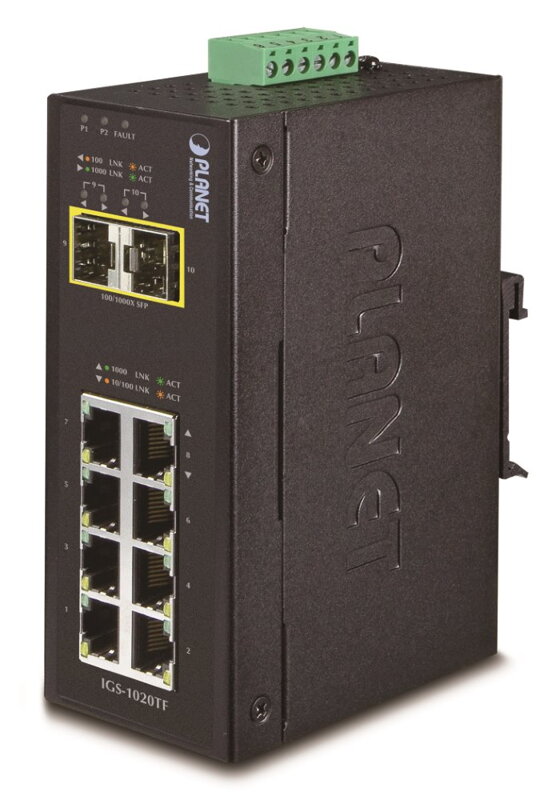 PLANET IGS-1020TF Priemyselný Switch 8x 10/100 / 1000T, 2x 100 / 1000X SFP, -40 ~ + 75 ° C