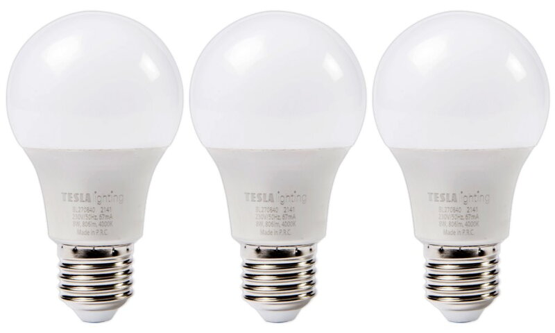 Tesla LED žárovka BULB 3ks E27/8W/230V/806lm/25 000h/4000K denní bílá/220st