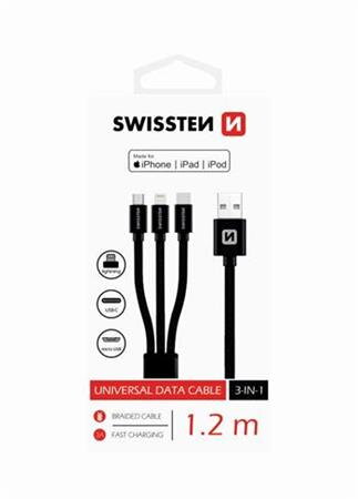 SWISSTEN DATOVÝ KABEL TEXTILE 3in1 MFi 1,2 M ČERNÝ