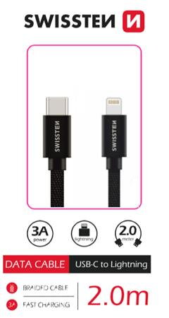 SWISSTEN DATOVÝ KABEL TEXTILE USB-C / LIGHTNING 2,0 M ČERNÝ