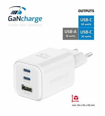 SWISSTEN SÍŤOVÝ ADAPTÉR GaN 2x USB-C 65W PD + 1x USB-A 18W QC BÍLÝ