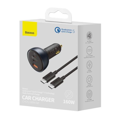 Baseus Car Charger Fast charger U+C+C, PD 3.0, QC 5.0, PPS, (with C+C cable 100W (20V/1.5A) 1m) 160W, Black (TZCCZM-0G) Baseus Car Charger Fast charger U+C+C, PD 3.0, QC 5.0, PPS, (with C+C cable 100W (20V/1.5A) 1m) 160W, Black (TZCCZM-0G)